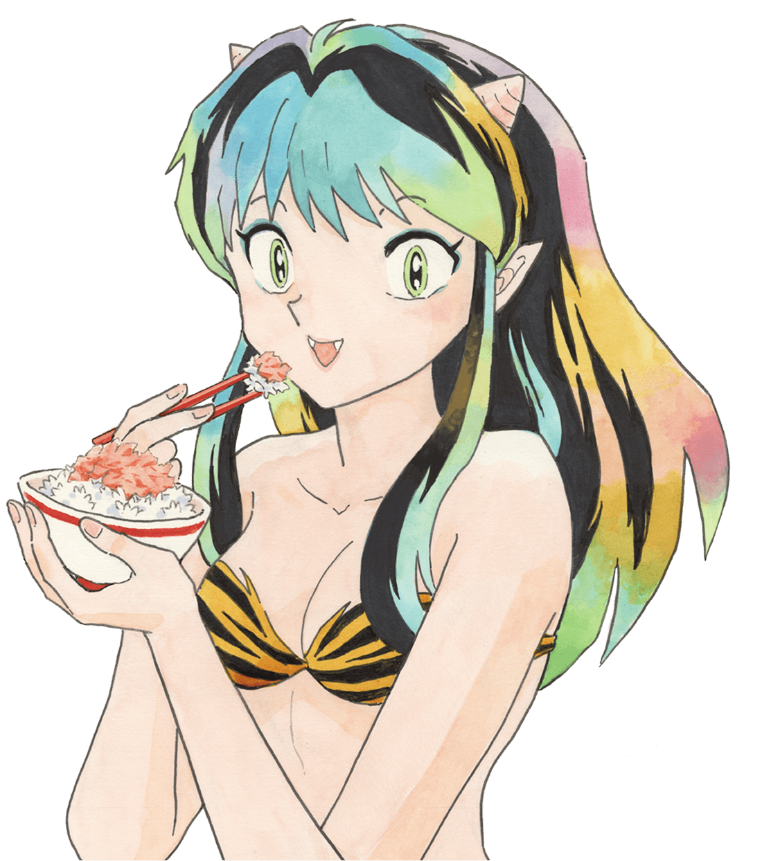加島屋のさけ茶漬とご飯を食べるラムちゃん