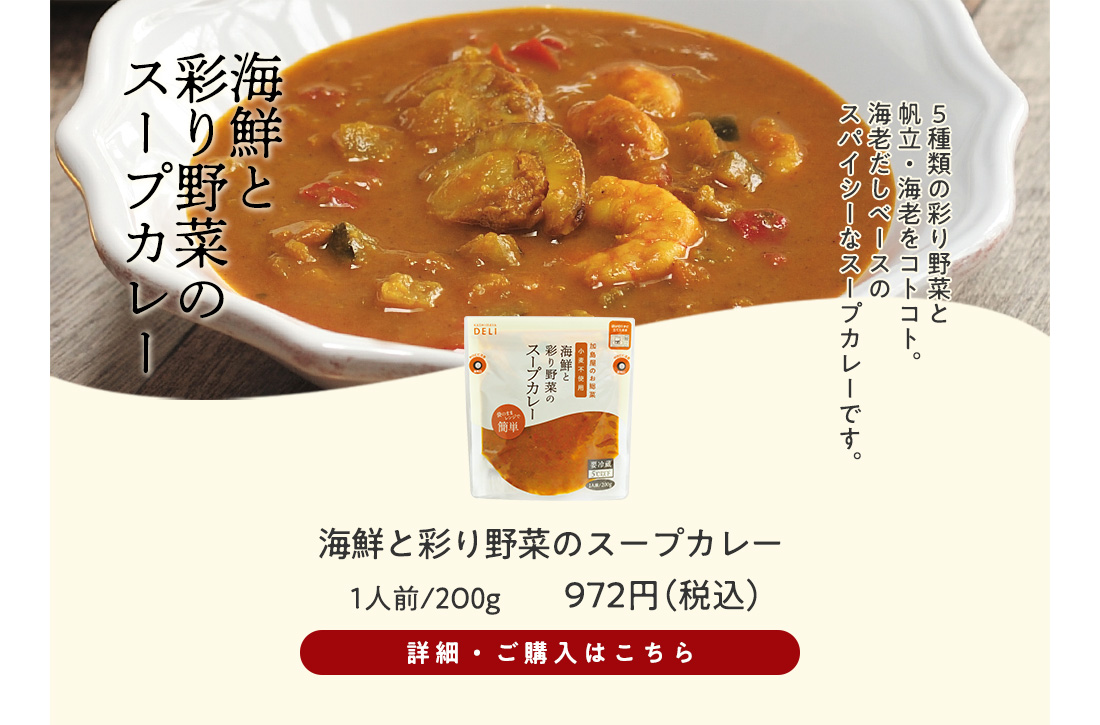 海鮮と彩り野菜のスープカレー　1人前/200g入　972円（税込）