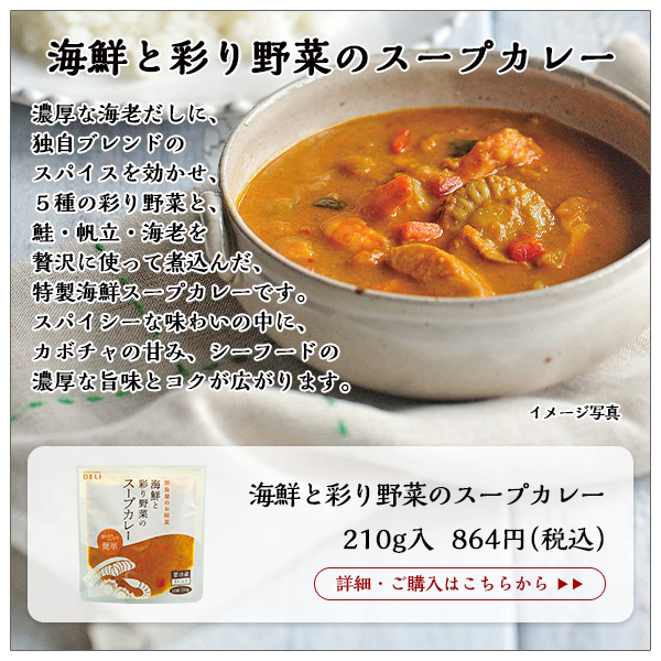 海鮮と彩り野菜のスープカレー　210g入　864円（税込）